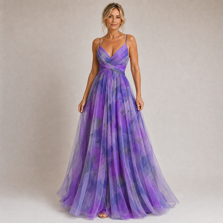 Claudia - Robe Longue en Tulle avec Imprimé Floral en Tons Lilas
