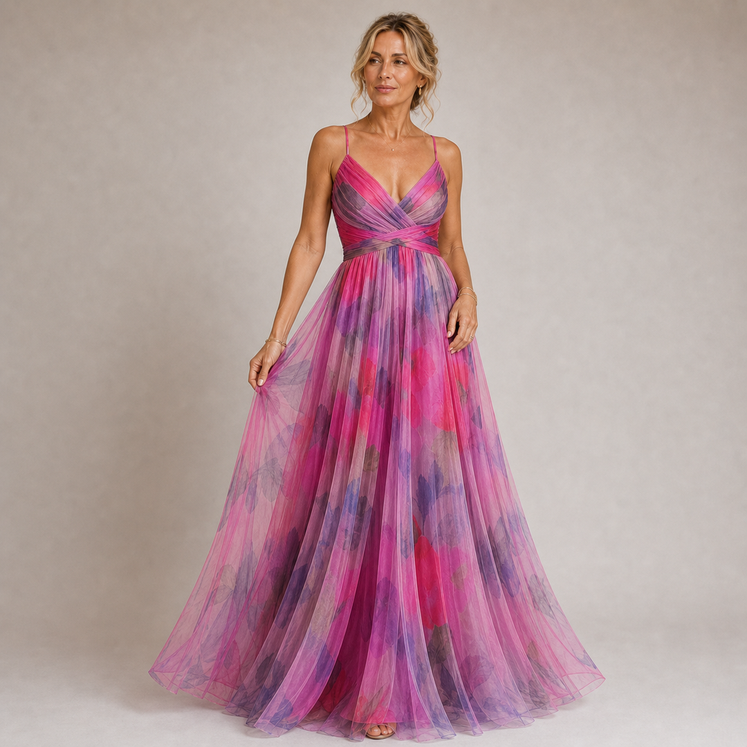 Claudia - Robe Longue en Tulle avec Imprimé Floral en Tons Lilas