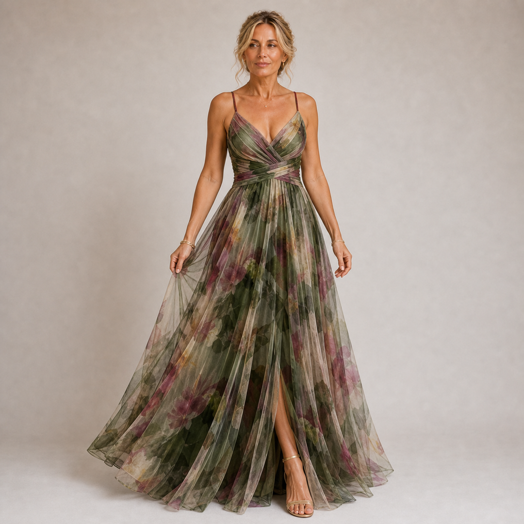 Claudia - Robe Longue en Tulle avec Imprimé Floral en Tons Lilas