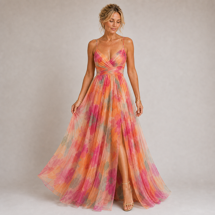 Claudia - Robe Longue en Tulle avec Imprimé Floral en Tons Lilas