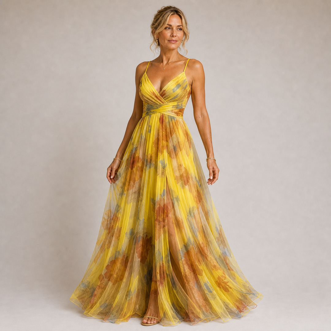Claudia - Robe Longue en Tulle avec Imprimé Floral en Tons Lilas
