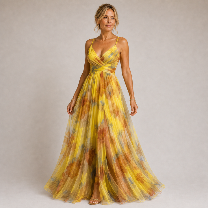 Claudia - Robe Longue en Tulle avec Imprimé Floral en Tons Lilas