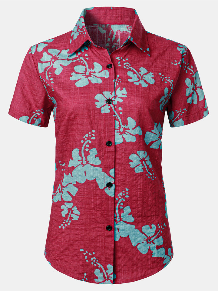 Chemisier à imprimé floral pour femme Chemise hawaïenne à manches courtes en coton pour l&