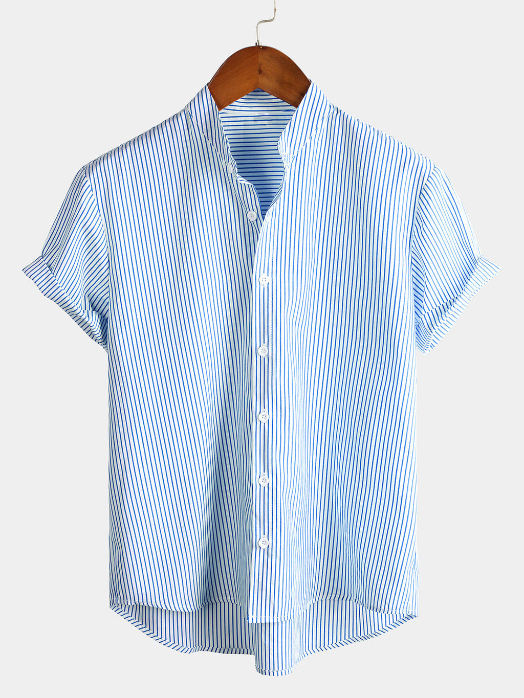 Chemise pour Homme à Col Haut en Couleur Unie et Manches Courtes à Rayures Verticales Classiques