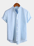 Chemise pour Homme à Col Haut en Couleur Unie et Manches Courtes à Rayures Verticales Classiques