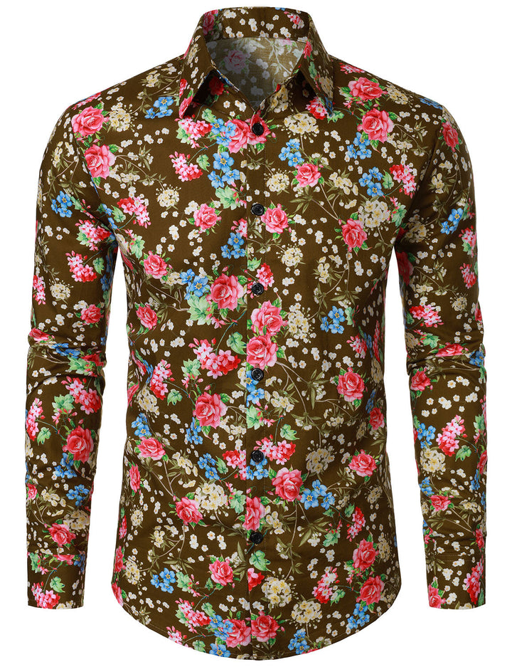 Chemise à manches longues marron en coton respirant à imprimé floral des années 70 pour homme