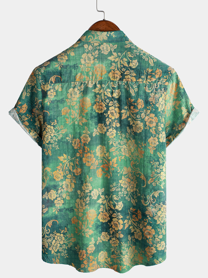 Chemise à manches courtes et poche à imprimé floral vert pour homme