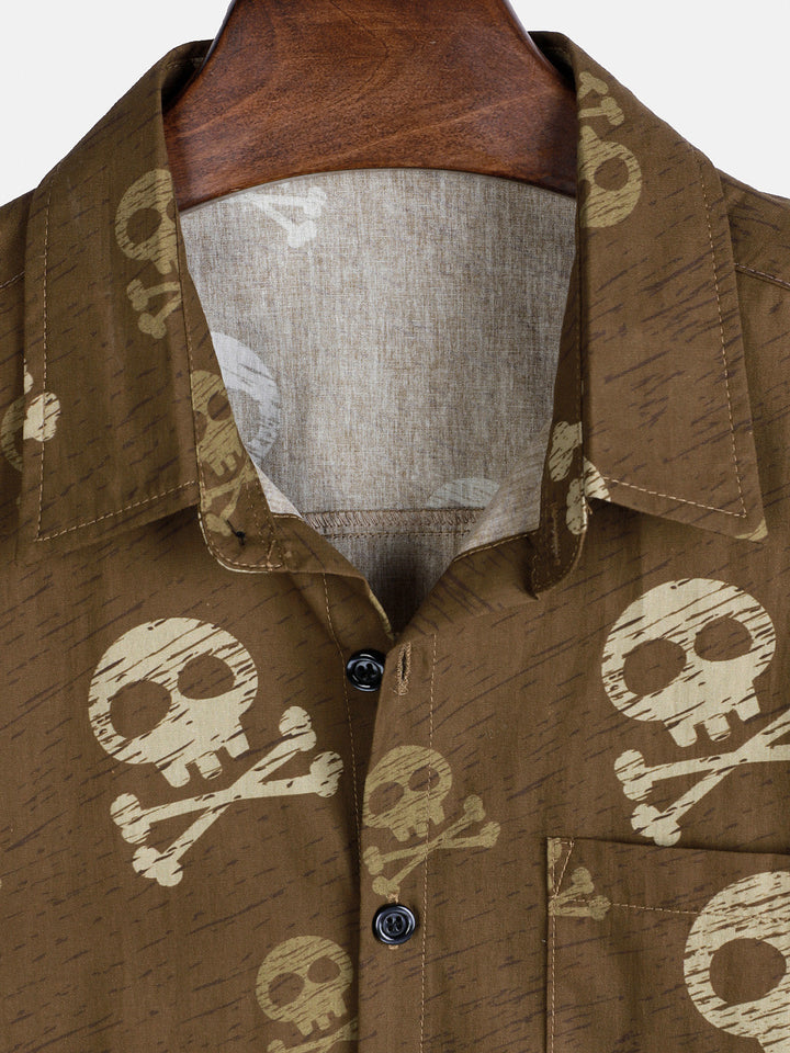 Chemise hawaïenne à manches courtes pour homme, motif tête de mort marron