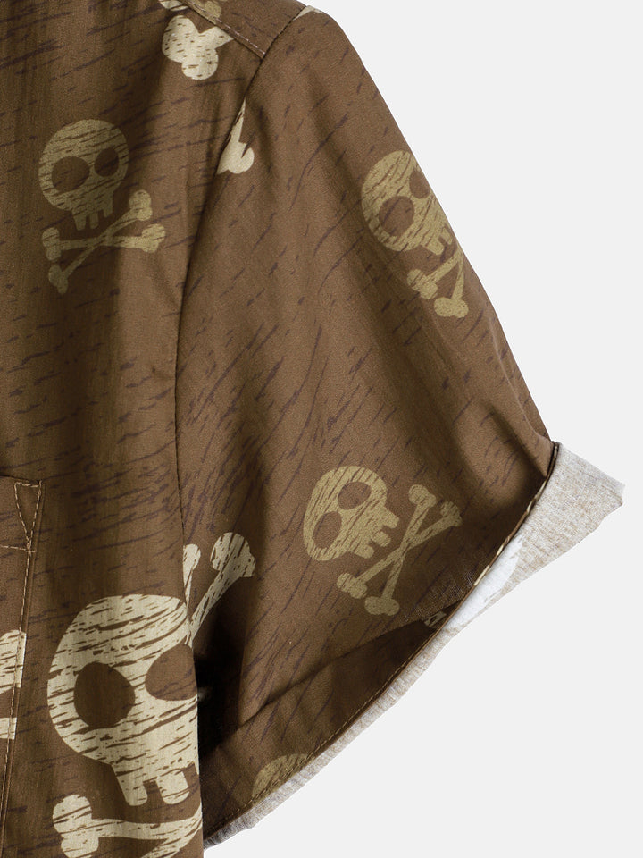 Chemise hawaïenne à manches courtes pour homme, motif tête de mort marron