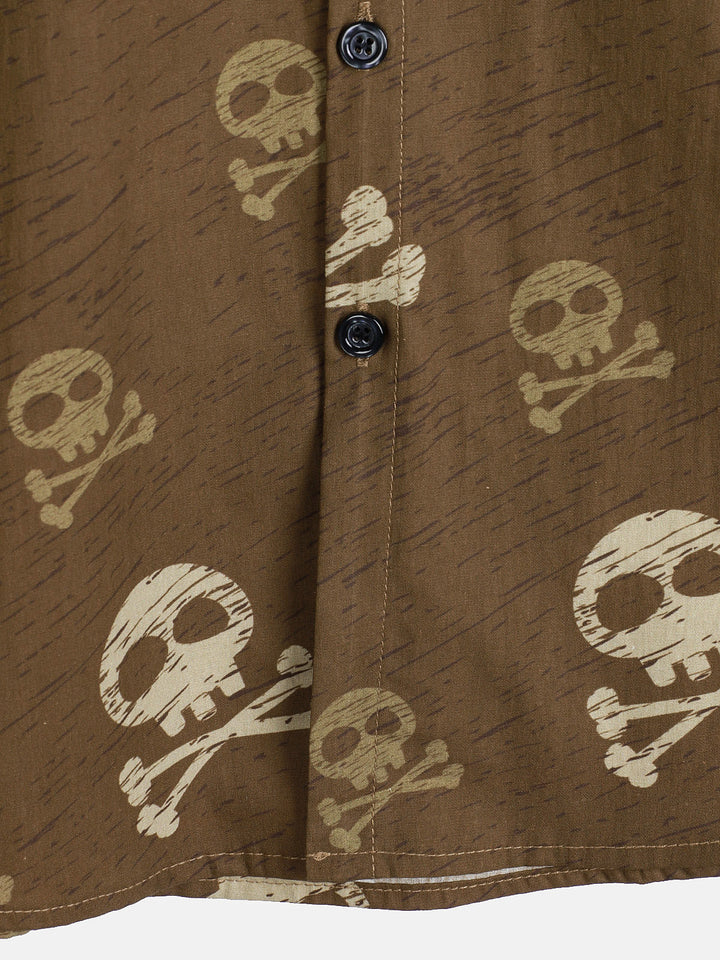Chemise hawaïenne à manches courtes pour homme, motif tête de mort marron