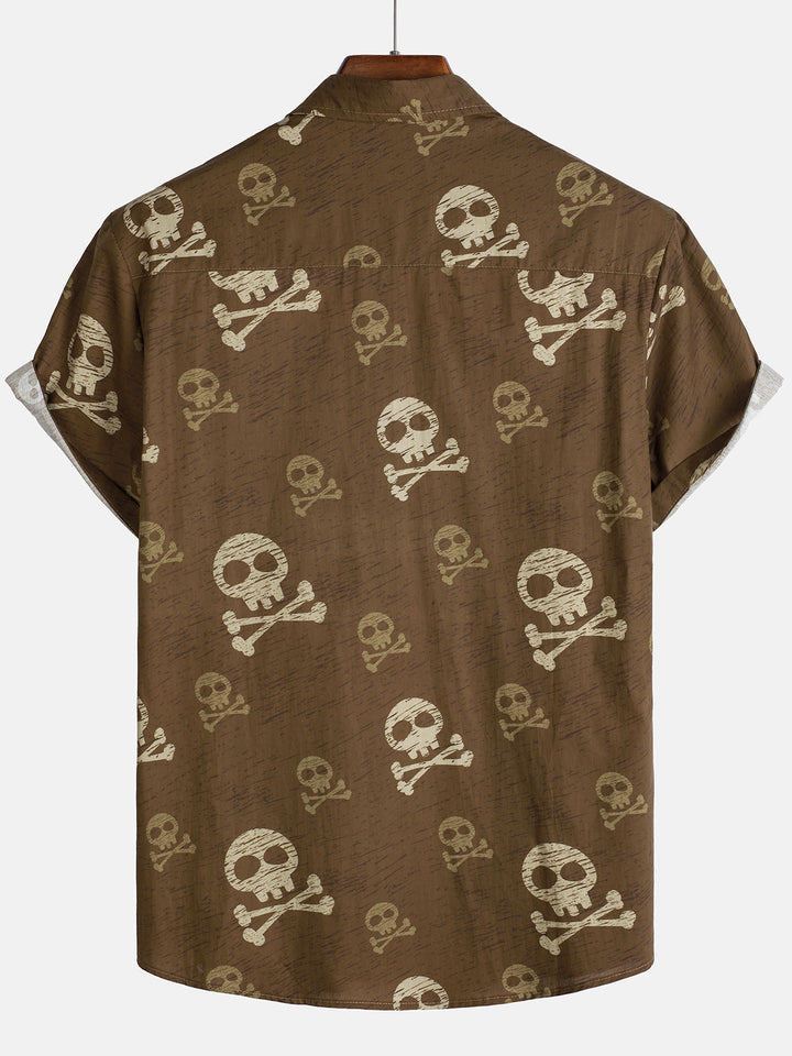 Chemise hawaïenne à manches courtes pour homme, motif tête de mort marron