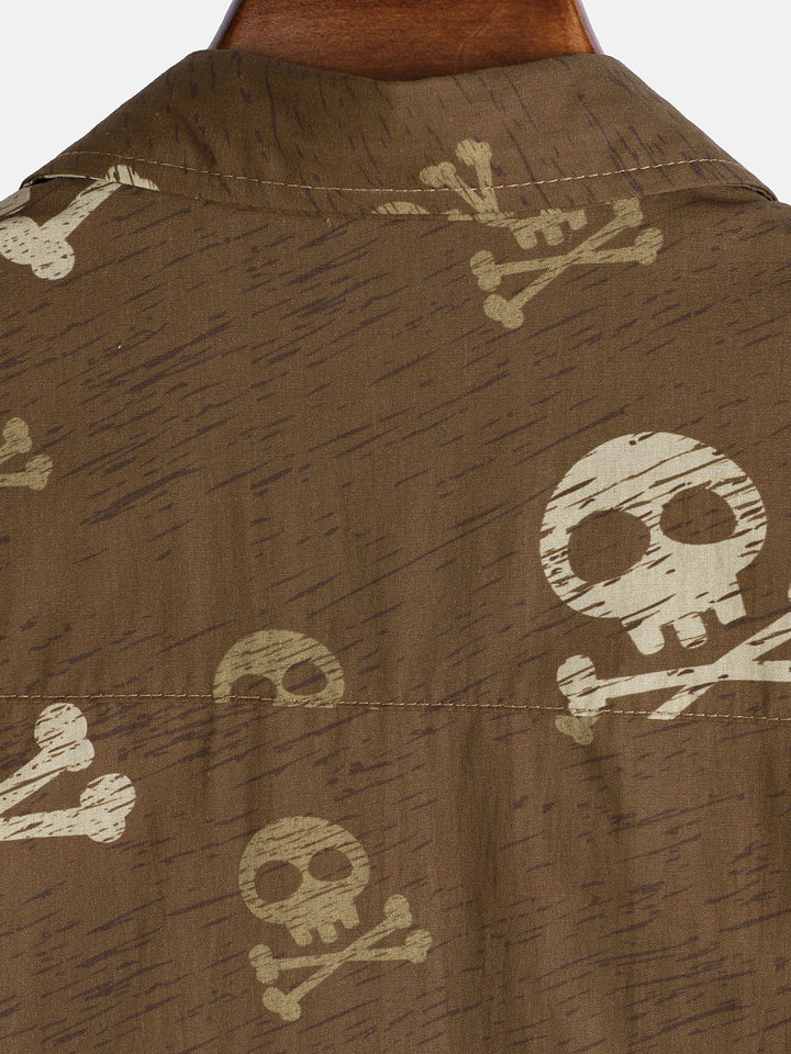 Chemise hawaïenne à manches courtes pour homme, motif tête de mort marron
