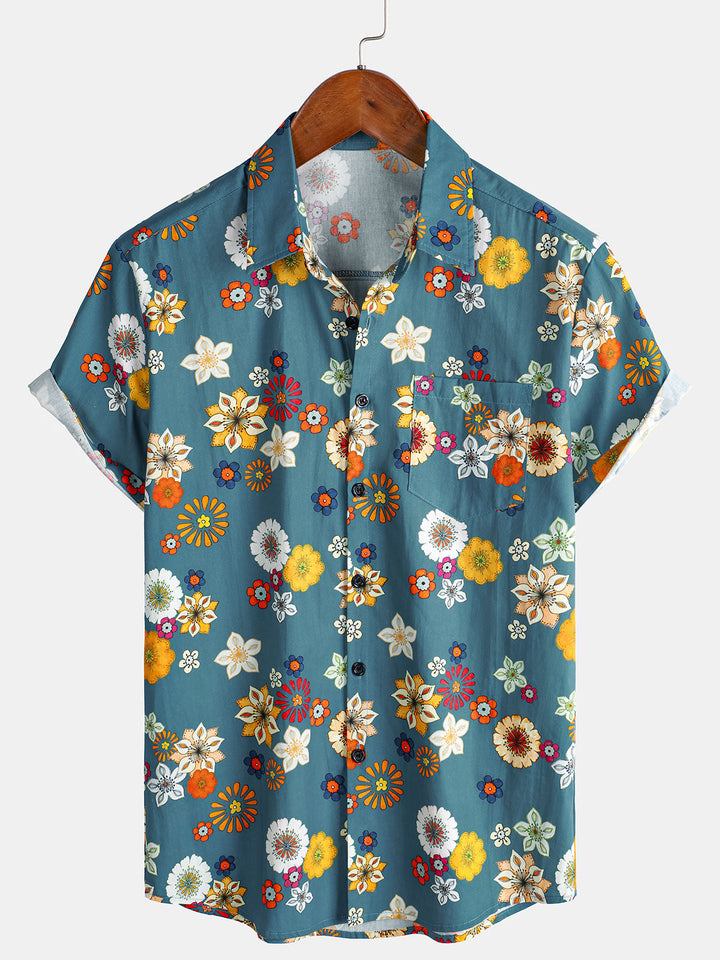Chemise hawaïenne à manches courtes en coton à imprimé floral pour homme