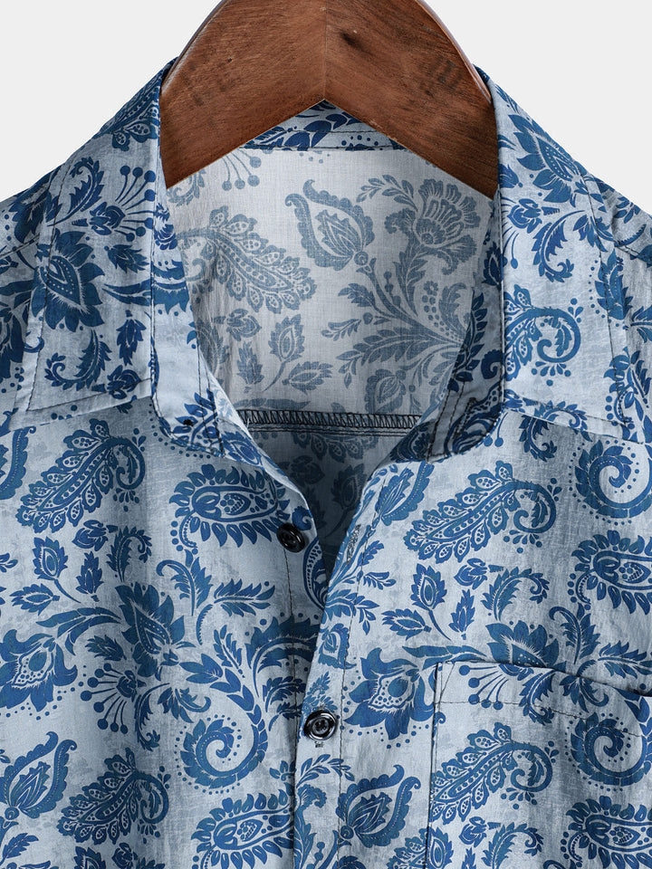 Chemise décontractée à manches courtes pour homme, motif cachemire et fleurs, bleu