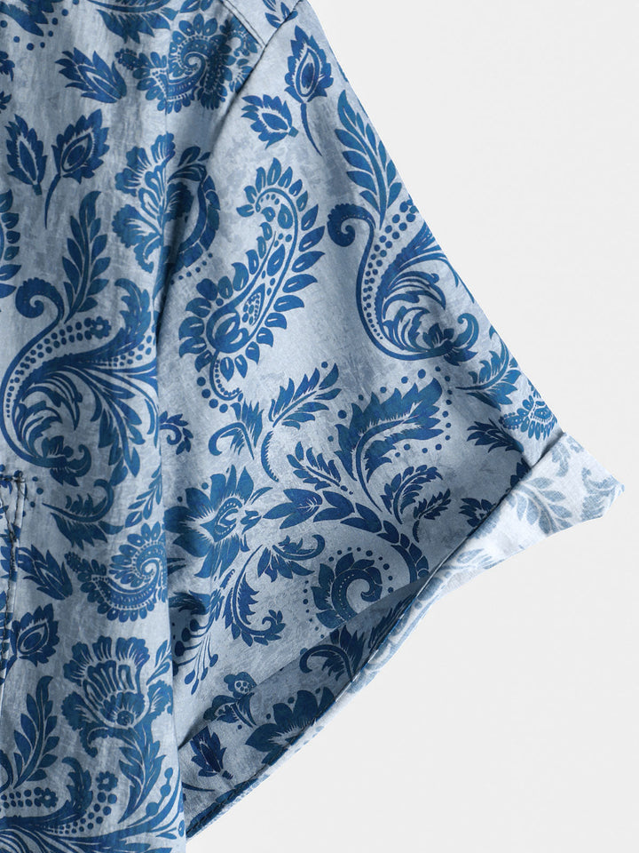 Chemise décontractée à manches courtes pour homme, motif cachemire et fleurs, bleu