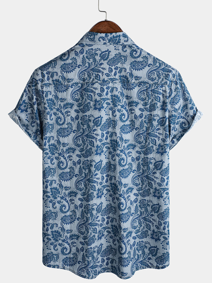 Chemise décontractée à manches courtes pour homme, motif cachemire et fleurs, bleu