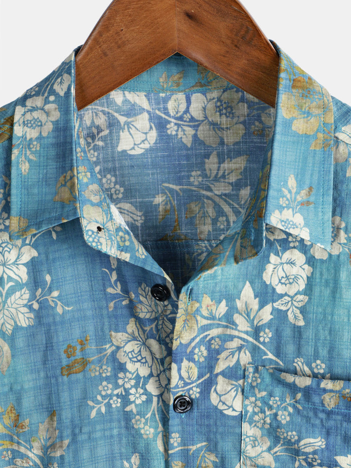 Chemise à manches courtes et poche à imprimé floral bleu pour homme