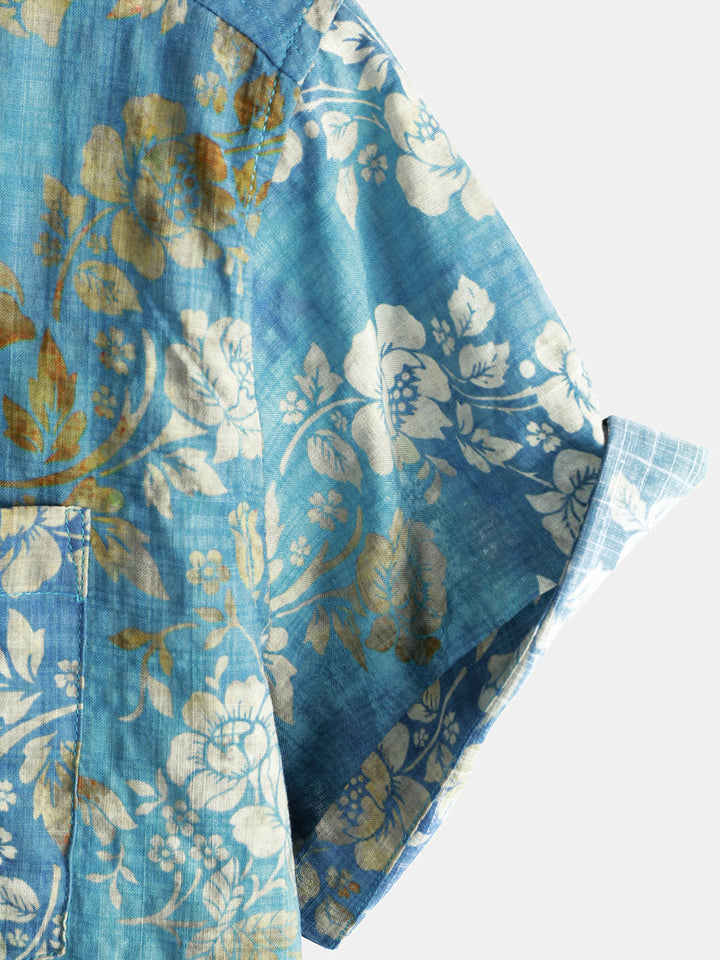 Chemise à manches courtes et poche à imprimé floral bleu pour homme