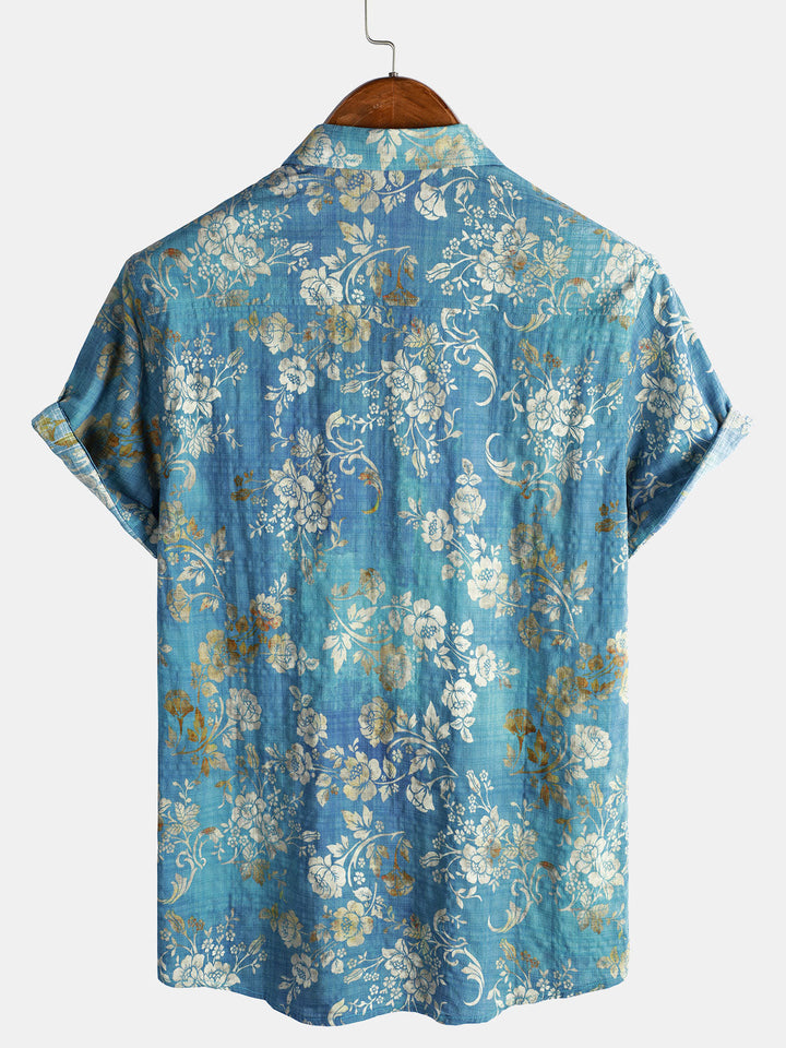 Chemise à manches courtes et poche à imprimé floral bleu pour homme