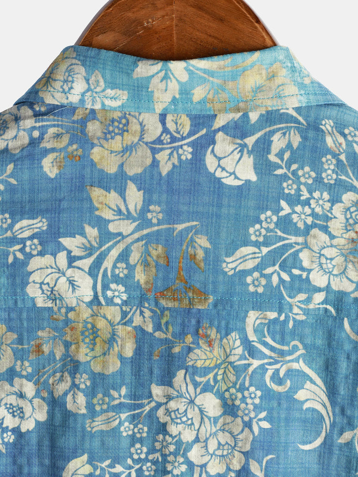 Chemise à manches courtes et poche à imprimé floral bleu pour homme