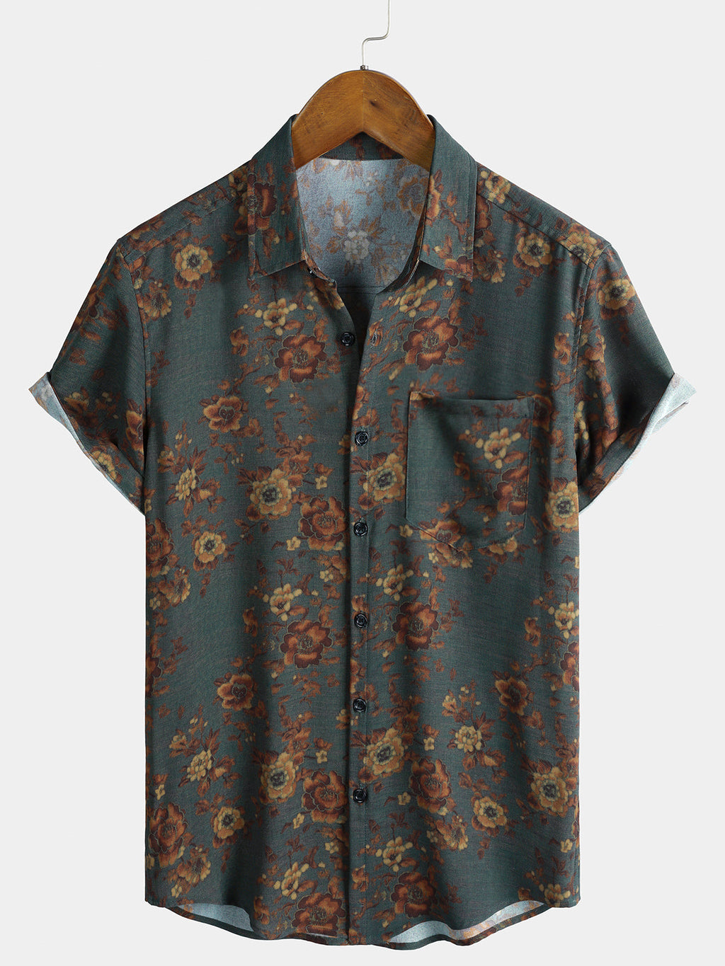 Chemise Vintage à Imprimé Floral Manches Courtes avec Poche