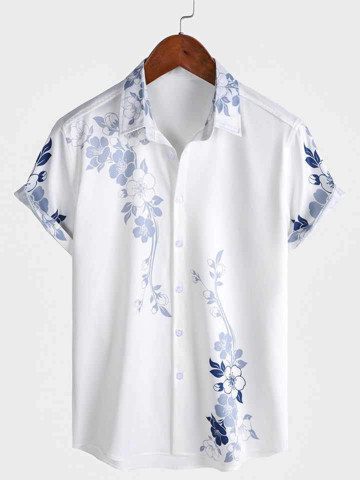 Chemise Hawaïenne Bleue à Imprimé Floral pour Homme à Manches Courtes Boutonnée Style Croisière Vacances