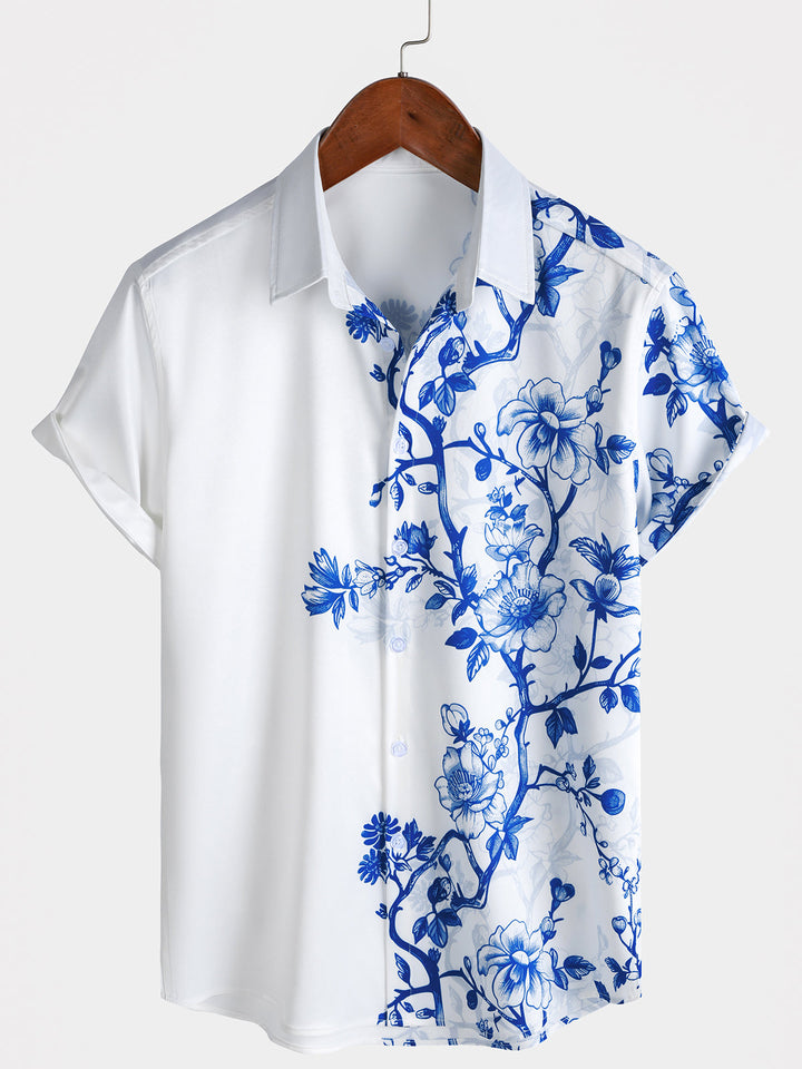 Chemise Hawaïenne Bleue à Imprimé Floral pour Homme d’Été Plage Croisière à Manches Courtes