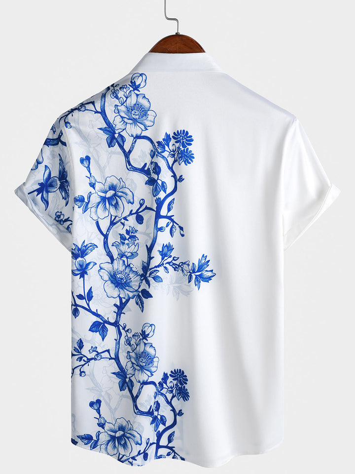Chemise Hawaïenne Bleue à Imprimé Floral pour Homme d’Été Plage Croisière à Manches Courtes