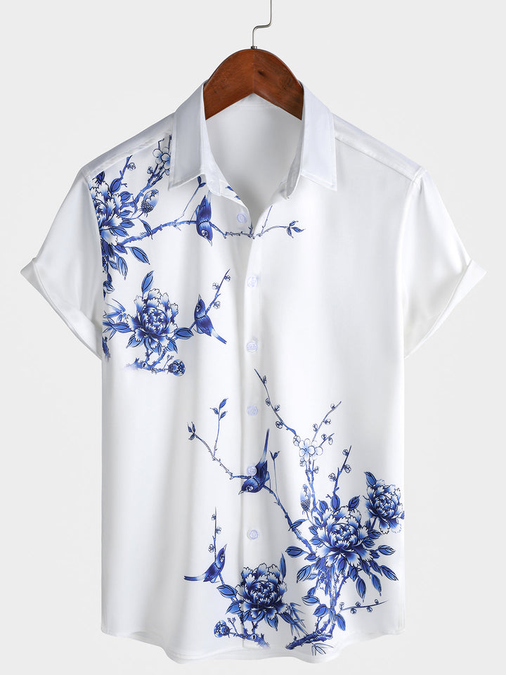 Chemise Hawaïenne Bleue à Imprimé Floral pour Homme été vacances à manches courtes
