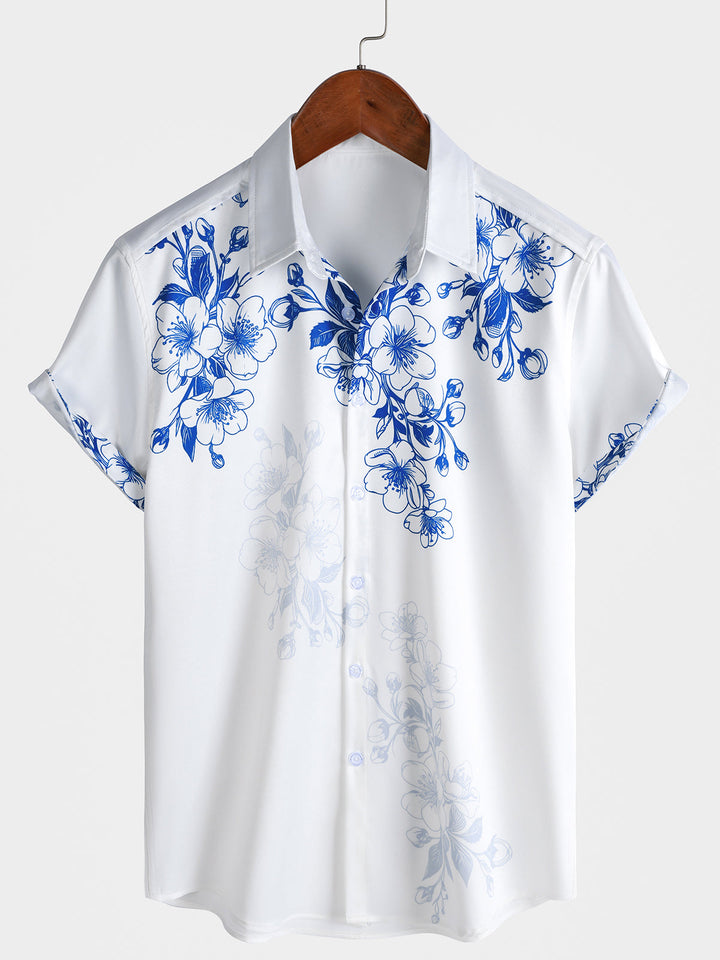 Chemise Hawaïenne Bleue à Imprimé Floral pour Homme à Manches Courtes Croisière Fête