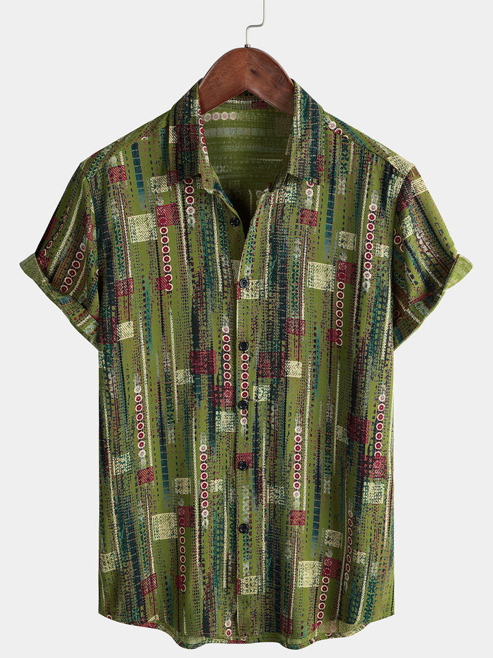 Chemise Homme Rétro Imprimé Géométrique Vert Style Vacances Douce à Manches Courtes Boutonnée