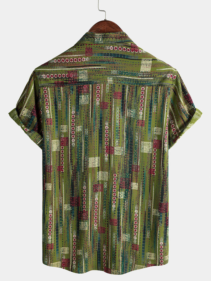 Chemise Homme Rétro Imprimé Géométrique Vert Style Vacances Douce à Manches Courtes Boutonnée