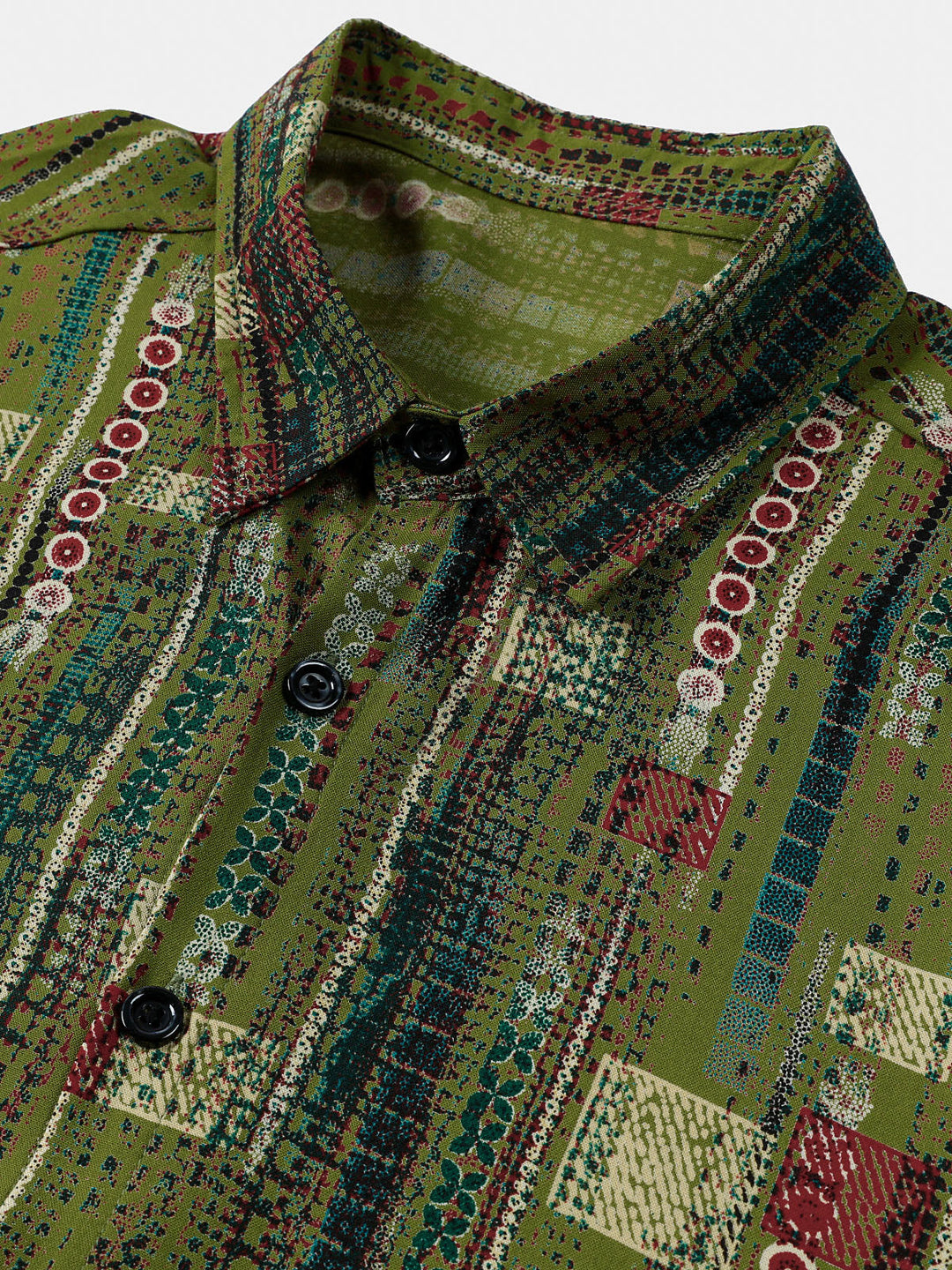 Chemise Homme Rétro Imprimé Géométrique Vert Style Vacances Douce à Manches Courtes Boutonnée