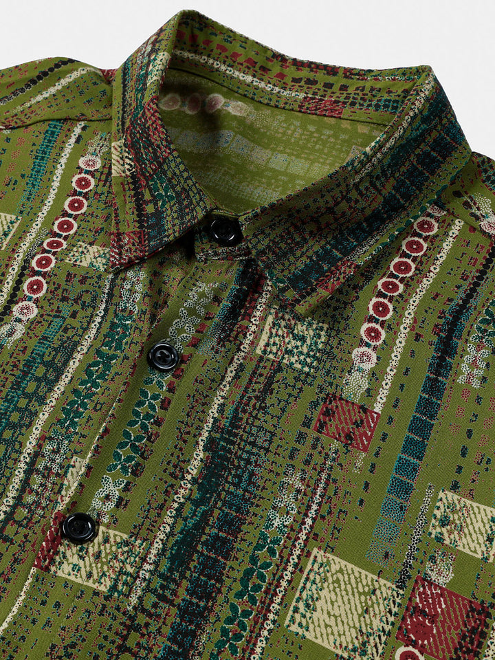 Chemise Homme Rétro Imprimé Géométrique Vert Style Vacances Douce à Manches Courtes Boutonnée