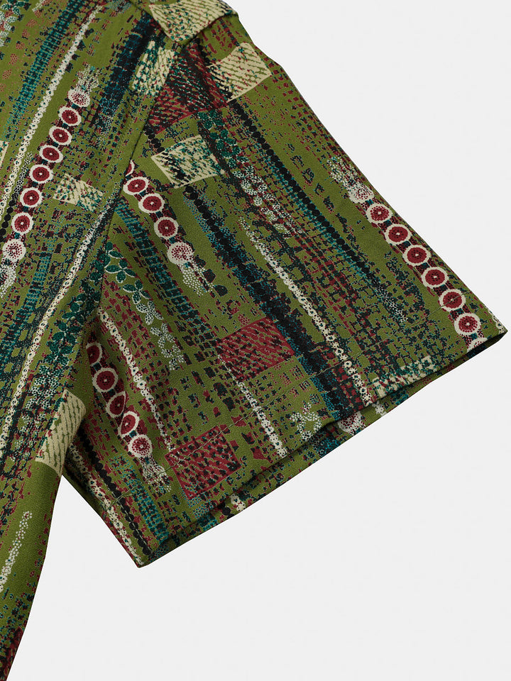 Chemise Homme Rétro Imprimé Géométrique Vert Style Vacances Douce à Manches Courtes Boutonnée