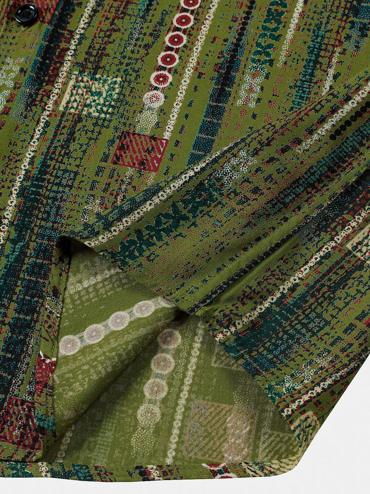 Chemise Homme Rétro Imprimé Géométrique Vert Style Vacances Douce à Manches Courtes Boutonnée