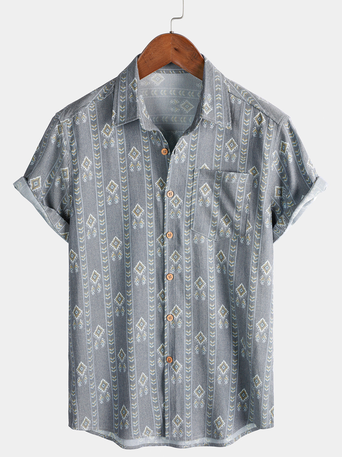 Chemise Homme Grise Aztèque Vintage Manches Courtes
