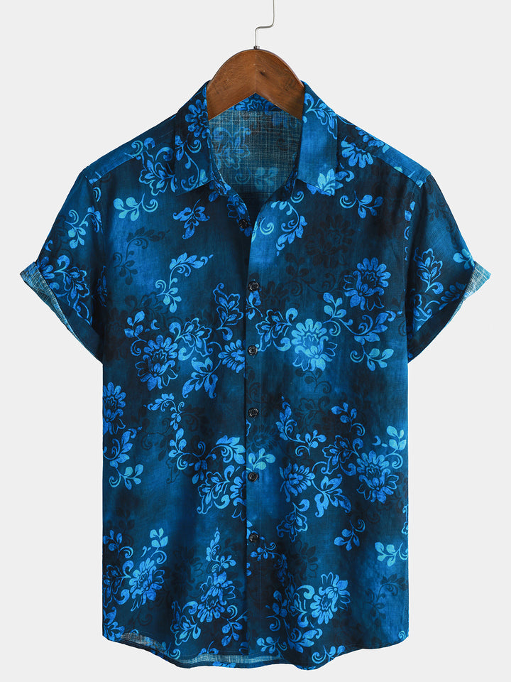 Chemise Homme Bleue à Imprimé Floral Hawaïen Style Vacances Manches Courtes