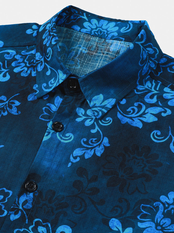 Chemise Homme Bleue à Imprimé Floral Hawaïen Style Vacances Manches Courtes
