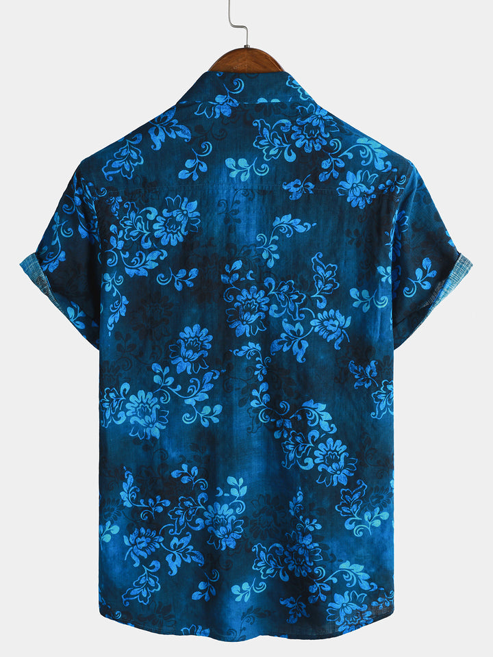 Chemise Homme Bleue à Imprimé Floral Hawaïen Style Vacances Manches Courtes