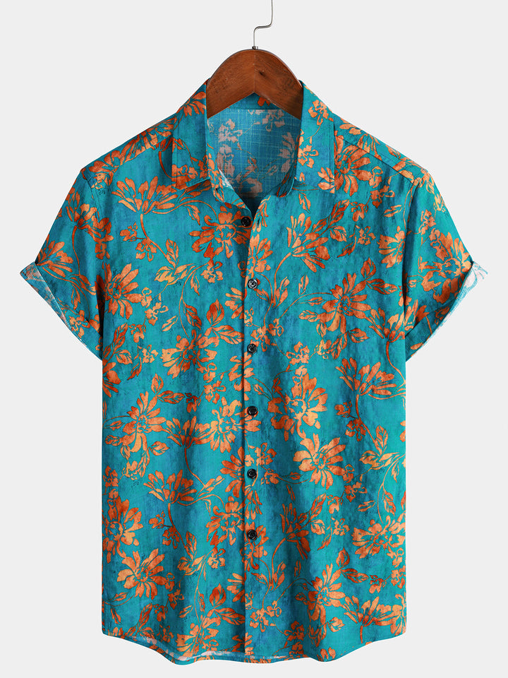 Chemise Homme à Motif Floral Rétro Douce et Respirante Manches Courtes