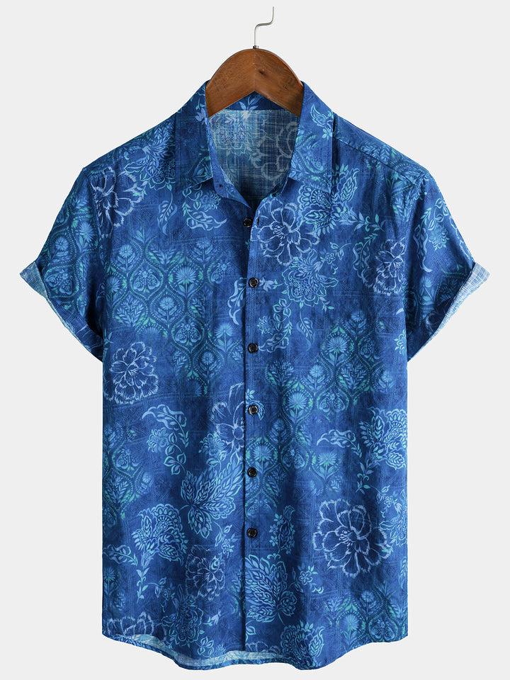 Chemise Homme Bleue à Imprimé Floral Hawaïen Manches Courtes