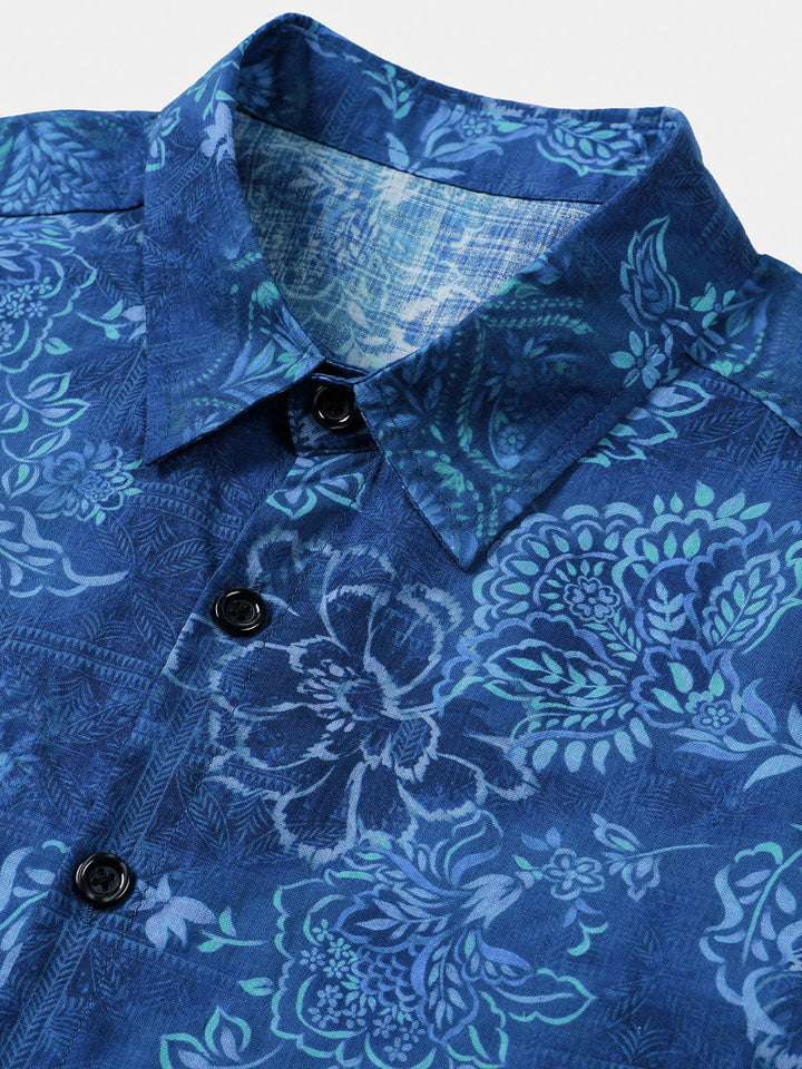 Chemise Homme Bleue à Imprimé Floral Hawaïen Manches Courtes