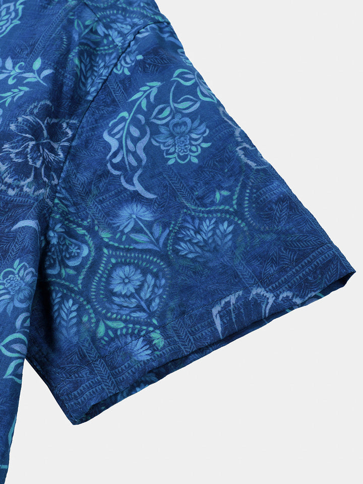 Chemise Homme Bleue à Imprimé Floral Hawaïen Manches Courtes