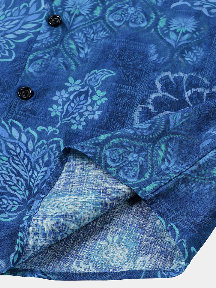 Chemise Homme Bleue à Imprimé Floral Hawaïen Manches Courtes