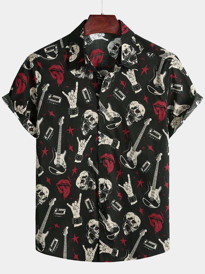 Chemise Homme Hawaïenne Skull &amp; Guitare Rock
