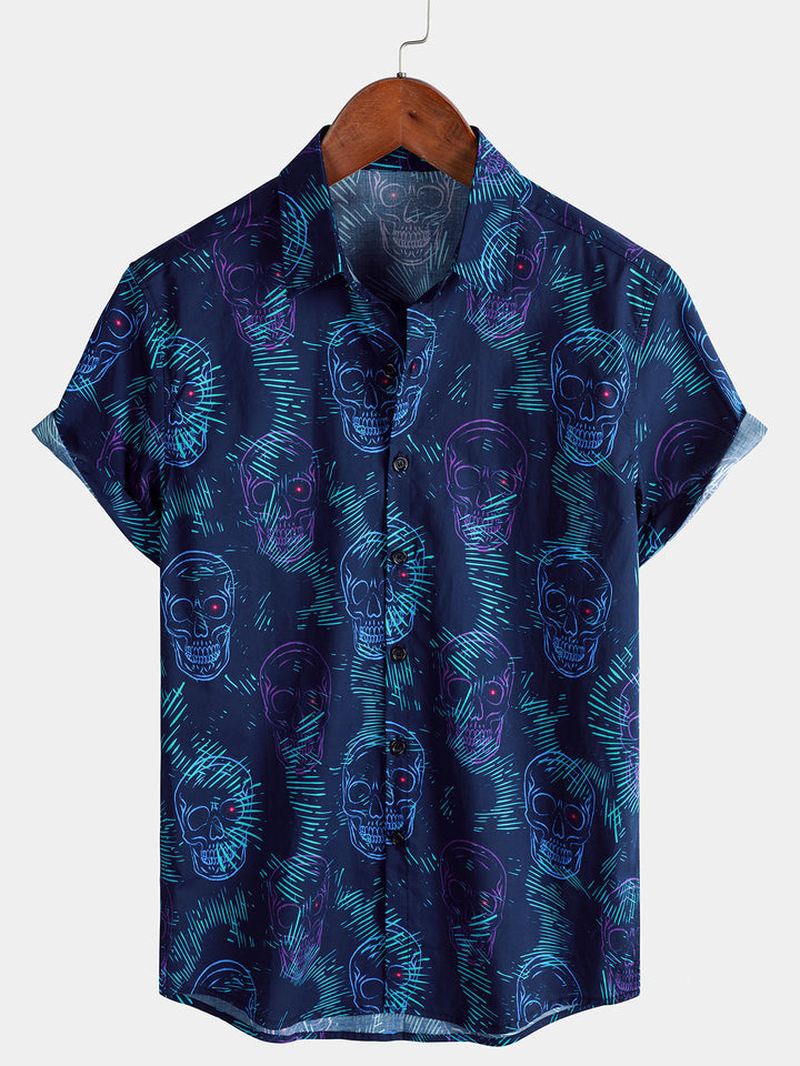 Chemise Homme Bleue Skull Punk Rock Hawaïenne Manches Courtes