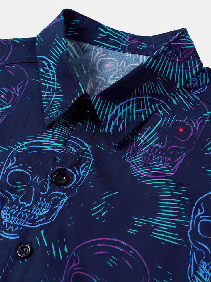 Chemise Homme Bleue Skull Punk Rock Hawaïenne Manches Courtes