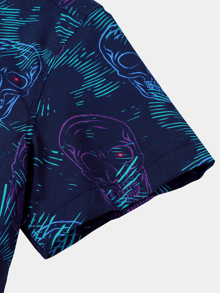 Chemise Homme Bleue Skull Punk Rock Hawaïenne Manches Courtes