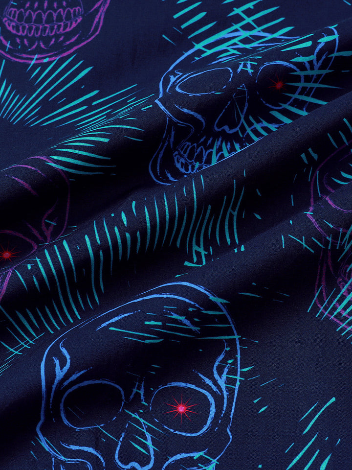 Chemise Homme Bleue Skull Punk Rock Hawaïenne Manches Courtes